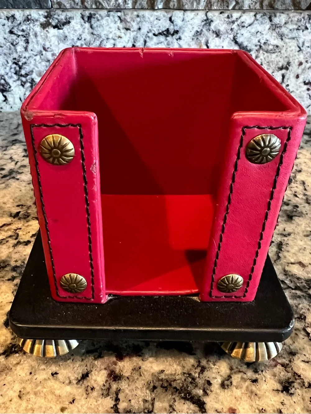 MacKenzie-Childs Vintage Red Leather & Enamel Notepad cube holder. With notepad.
